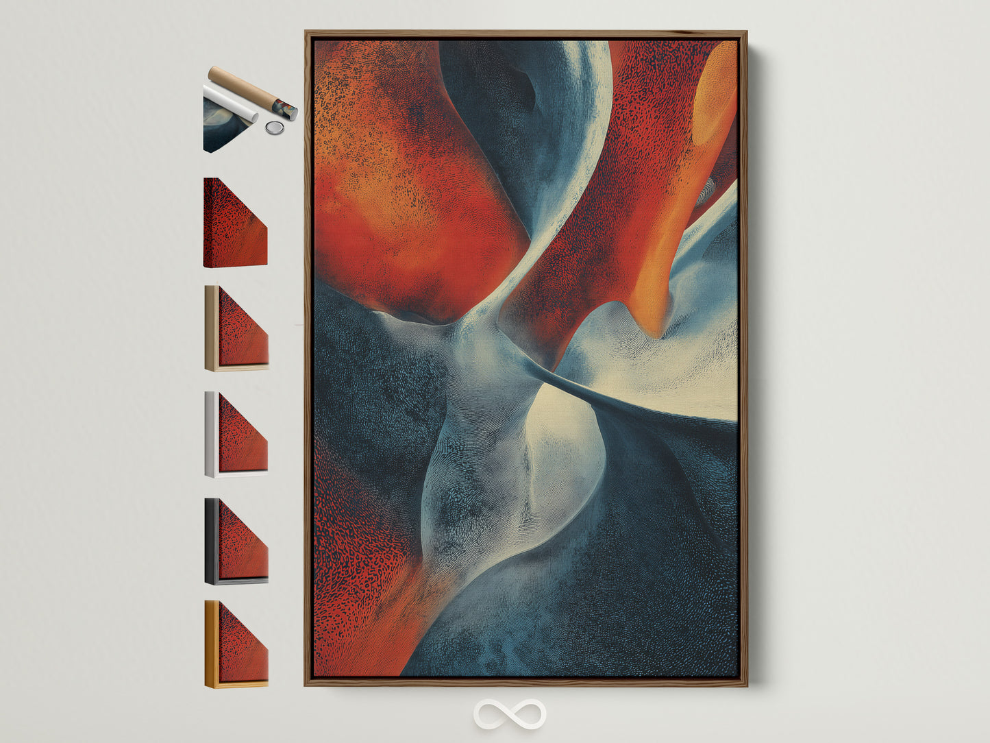 Artwork with a brown frame is displayed. The artwork has abstract shapes in red white and blue. Frame options are displayed on the side. This wall art is perfect for home decor. Add a touch of sophistication to your space. Shop now for unique framed art prints.
