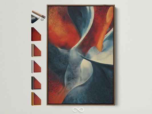 Artwork with a brown frame is displayed. The artwork has abstract shapes in red white and blue. Frame options are displayed on the side. This wall art is perfect for home decor. Add a touch of sophistication to your space. Shop now for unique framed art prints.