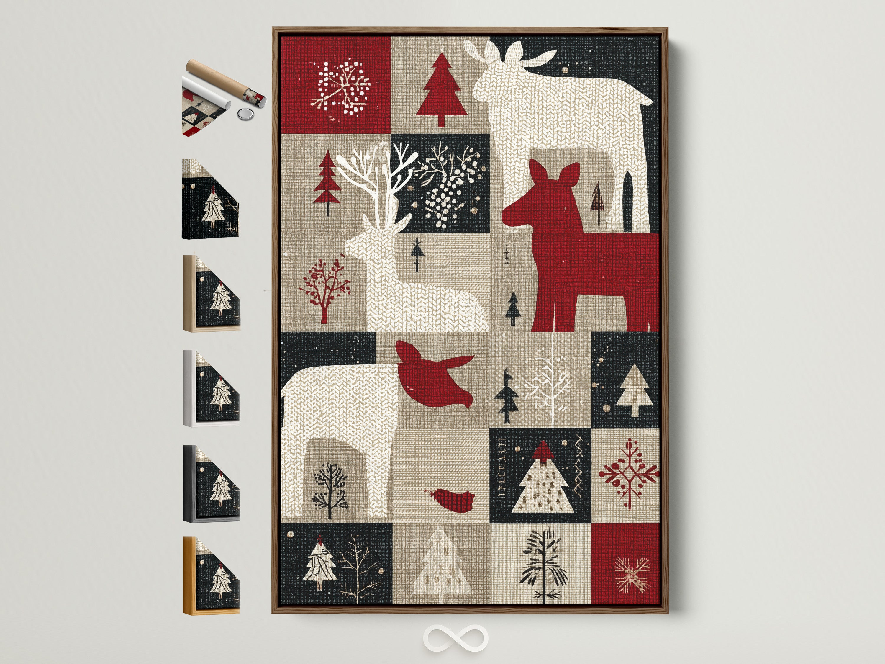 Artwork in a brown frame is displayed on a wall. The art features a patchwork of winter and holiday themes.  Find the perfect frame for your artwork. Many frame options are available on the side.