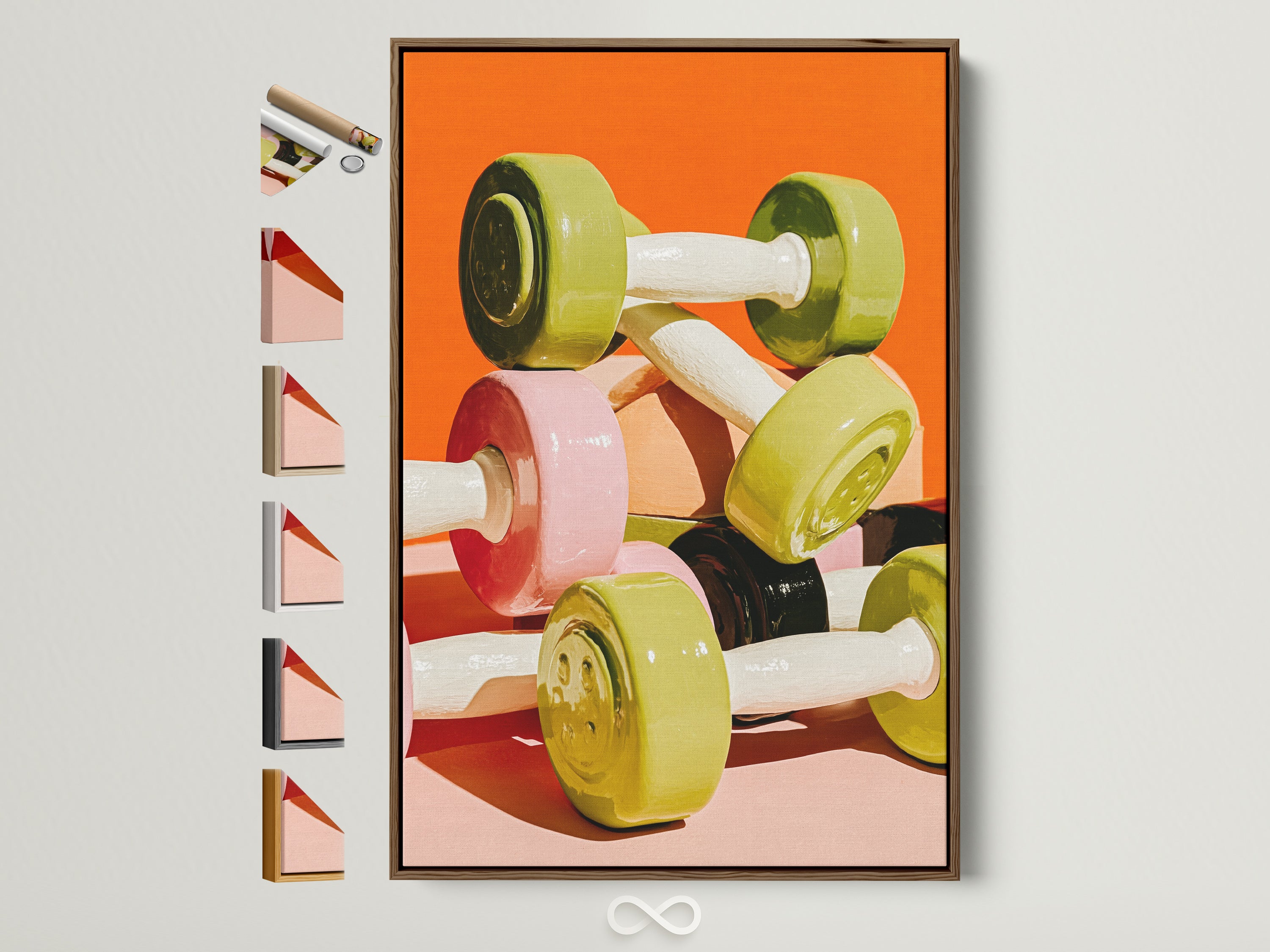 Dumbbell canvas print in a brown frame. See all frame options displayed on the side. Find the perfect frame to match your style. Elevate your workout space with fitness artwork. Discover unique gym wall decor. It's ideal for home and commercial gyms.