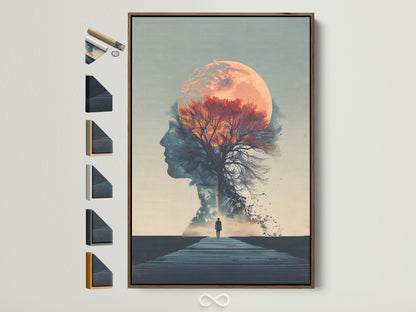 A surreal double exposure artwork is displayed in a brown frame. The artwork features a woman silhouette a moon and a tree. This fine art print adds a touch of mindfulness to any bedroom decor. Explore our range of frame options to complement your style.