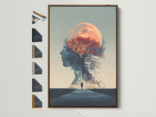 A surreal double exposure artwork is displayed in a brown frame. The artwork features a woman silhouette a moon and a tree. This fine art print adds a touch of mindfulness to any bedroom decor. Explore our range of frame options to complement your style.