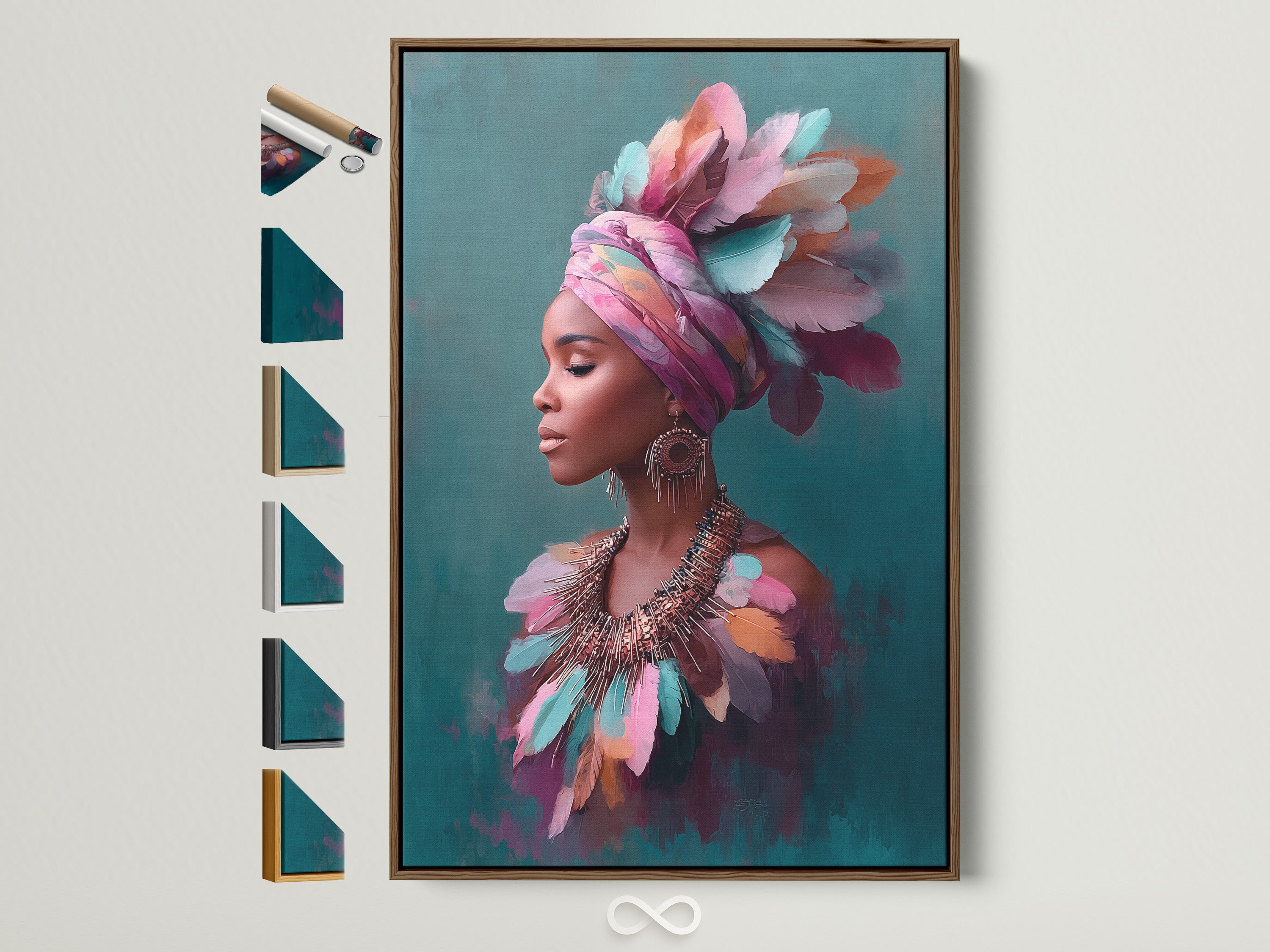 A vibrant African Woman Canvas Art piece is showcased in a warm brown frame. This colorful feather portrait adds cultural richness to any space. Explore frame options for unique wall art displays. Perfect for eclectic and bohemian decor styles.