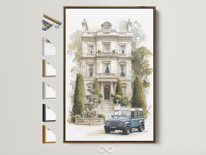 Manoir d'époque avec voiture classique - Impression d'art d'architecture à l'aquarelle, Décoration murale de villa européenne, Impression pour maison traditionnelle