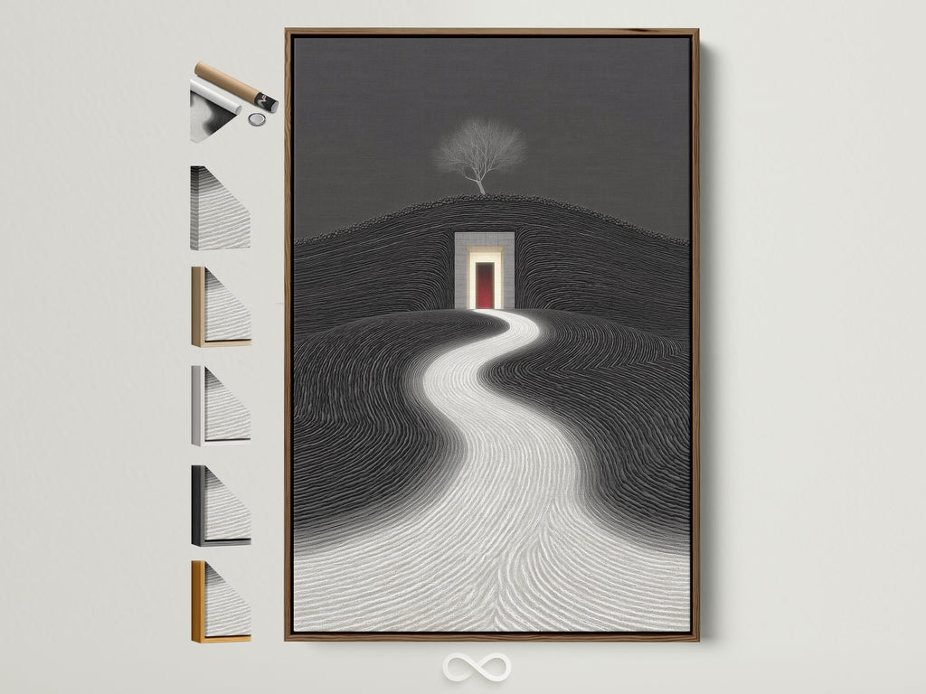 Explore framed minimalist artwork. It features a surreal landscape with a winding path. The artwork is displayed in a brown frame. Discover frame options for your perfect art piece. Enhance your home decor with contemporary art.