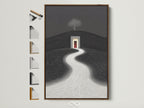 Explore framed minimalist artwork. It features a surreal landscape with a winding path. The artwork is displayed in a brown frame. Discover frame options for your perfect art piece. Enhance your home decor with contemporary art.