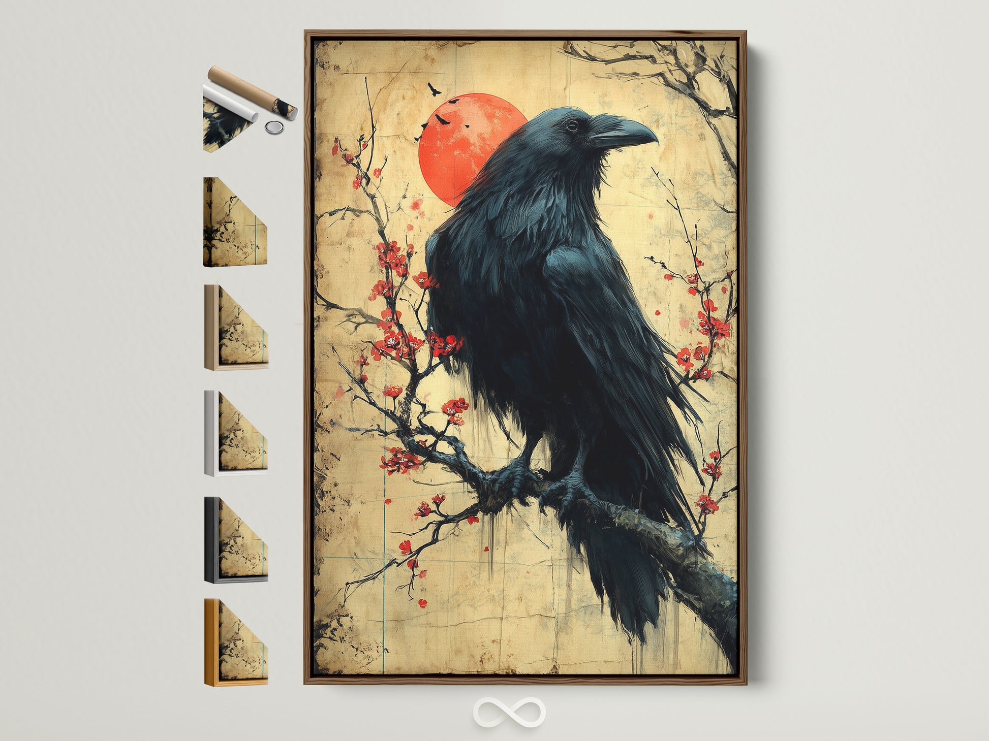 Raven Canvas Print with a Brown Frame. The frame options are displayed on the side. This Japanese art wall decor features a bird on a cherry blossom branch. Perfect gothic print for office art.