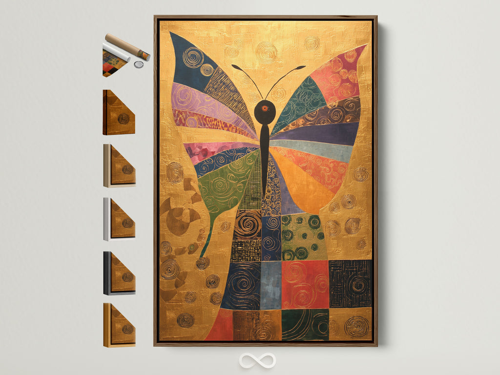 Artwork featuring a colorful butterfly is displayed. It is showcased in a brown frame. All frame options are visible on the side. This allows for easy customization and selection.