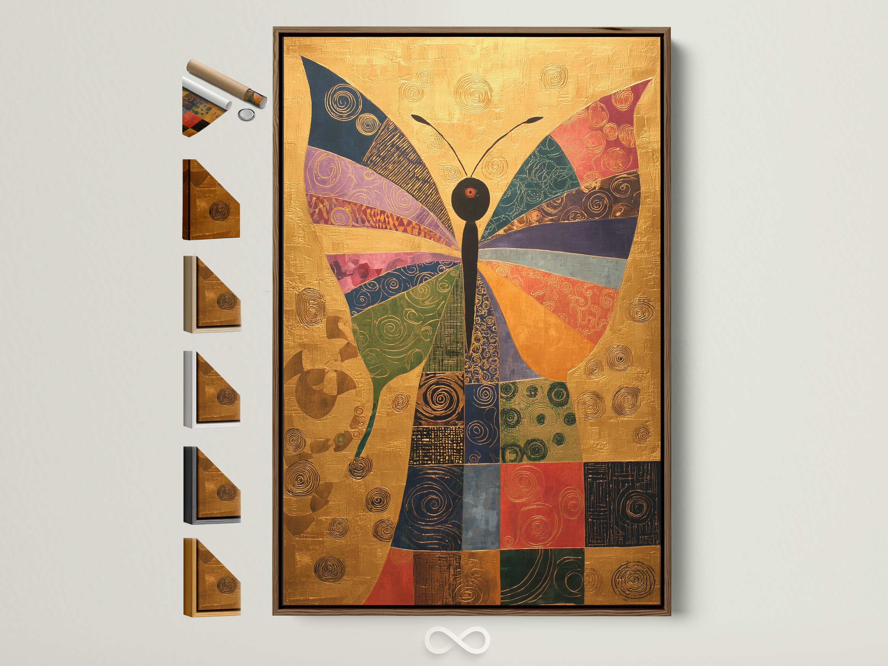 Artwork featuring a colorful butterfly is displayed. It is showcased in a brown frame. All frame options are visible on the side. This allows for easy customization and selection.