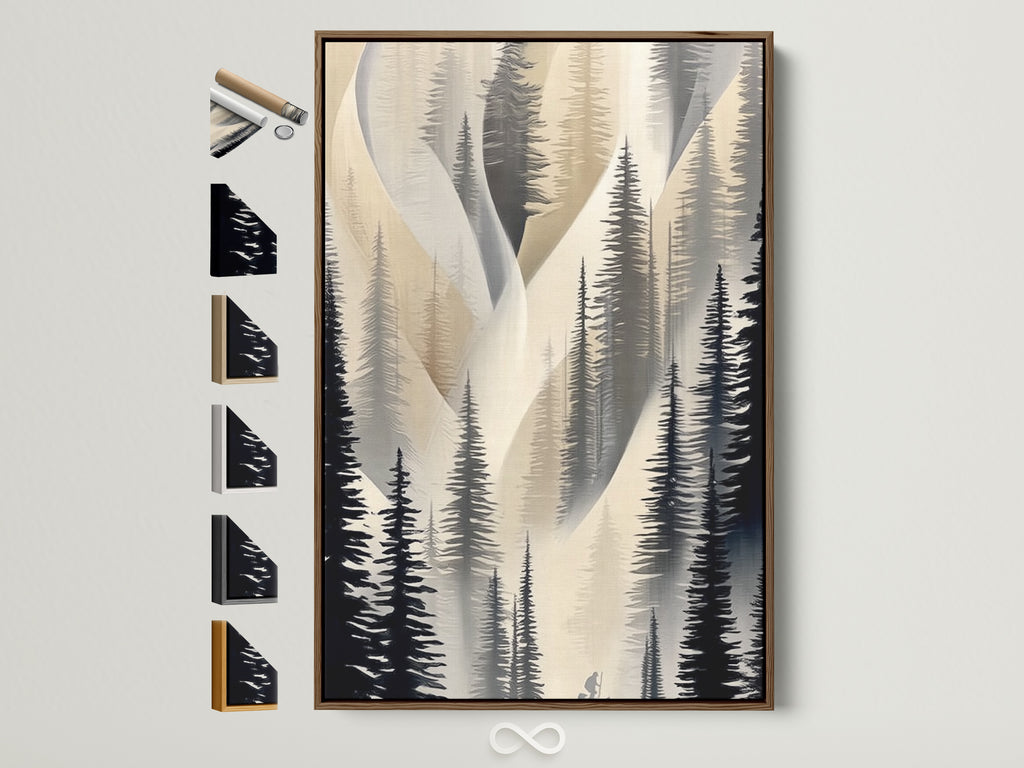 Abstract pine tree artwork in a brown frame is displayed with other frame options. Explore various frame styles for your forest canvas print. Select the perfect frame to complement your neutral wall art. Elevate your hallway decor with framed nature artwork. Find the ideal frame for your minimalist decor.