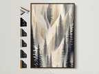 Abstract pine tree artwork in a brown frame is displayed with other frame options. Explore various frame styles for your forest canvas print. Select the perfect frame to complement your neutral wall art. Elevate your hallway decor with framed nature artwork. Find the ideal frame for your minimalist decor.