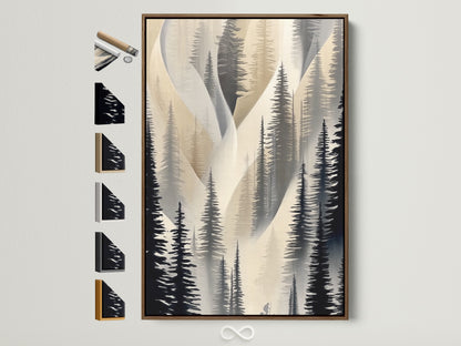 Abstract pine tree artwork in a brown frame is displayed with other frame options. Explore various frame styles for your forest canvas print. Select the perfect frame to complement your neutral wall art. Elevate your hallway decor with framed nature artwork. Find the ideal frame for your minimalist decor.