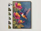 A vibrant artwork featuring a hummingbird and hibiscus flowers is displayed in a brown frame. The frame showcases various frame options available. Enhance your space with framed art. This artwork brings nature indoors.