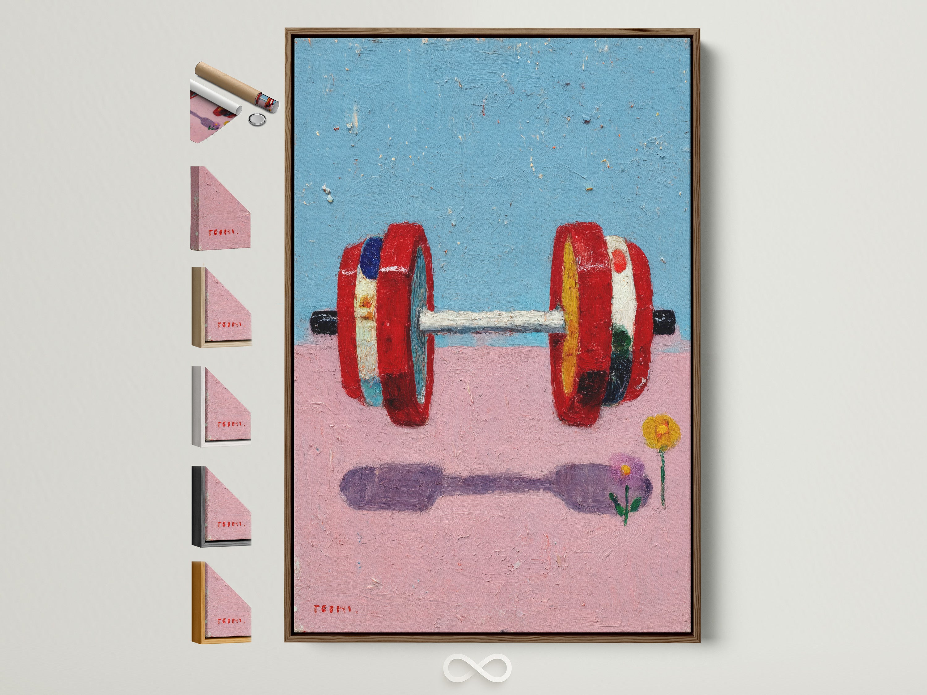A vibrant fitness art print featuring a colorful dumbbell. The artwork is framed in a natural brown frame. See all available frame options for this gym wall art. Perfect for home gym decor or a fitness studio. This abstract workout canvas print adds motivation and style to any space.