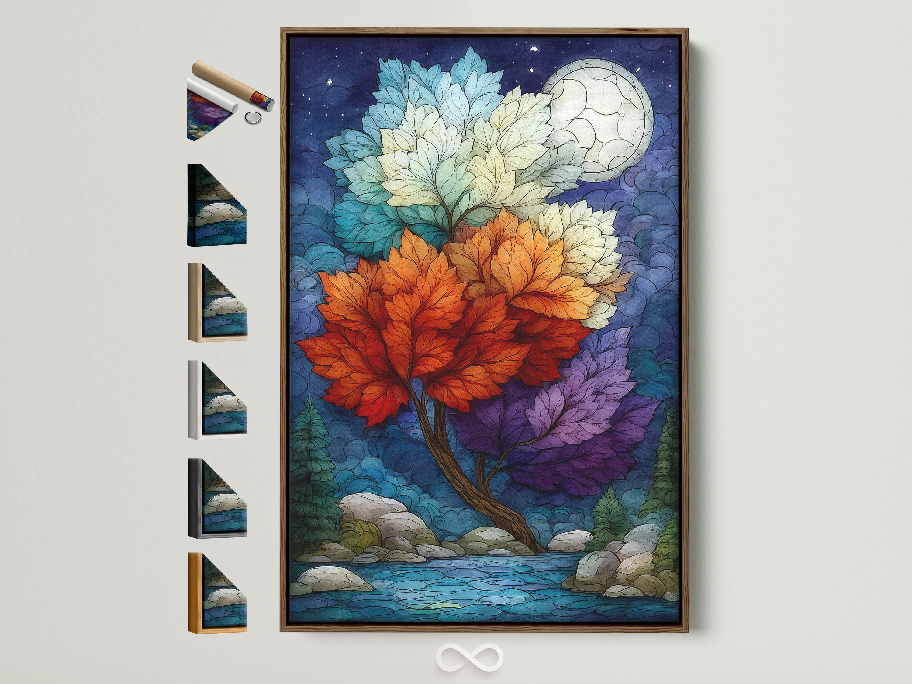 A magical tree artwork framed in a brown frame hangs on a wall. The artwork depicts a colorful nature scene with a fantasy moon. Various frame options are displayed on the side. Find the perfect frame to complement your space. It's ideal for living rooms bedrooms offices studios lobbies clinics and cafés.