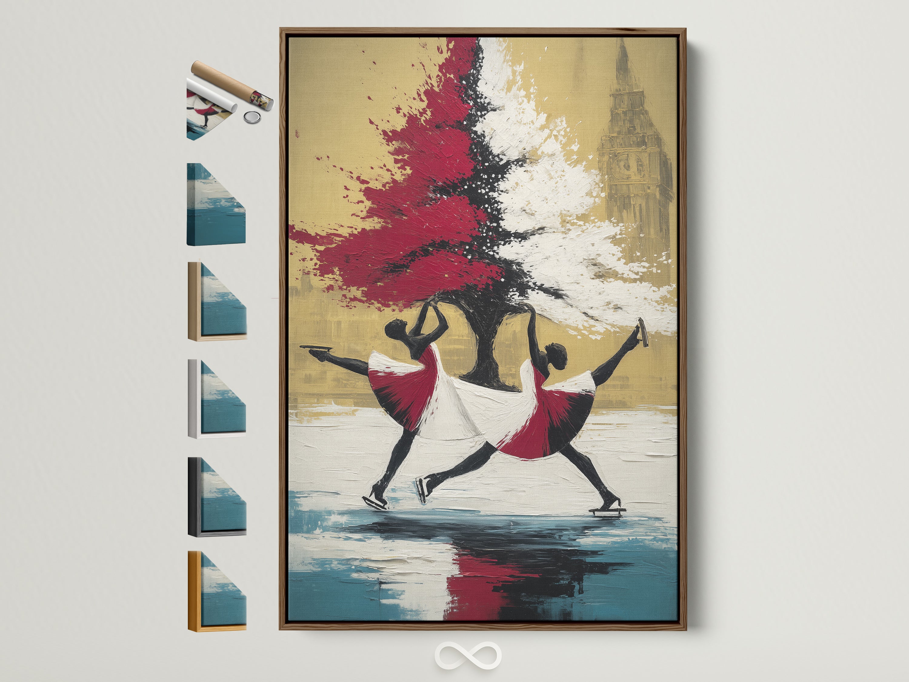 Framed ballet dancers canvas print with a brown frame. This contemporary artwork adds a touch of elegance to any space. Explore frame options to complement your wall art and decor. Perfect for ballet enthusiasts and art lovers seeking modern wall decor.