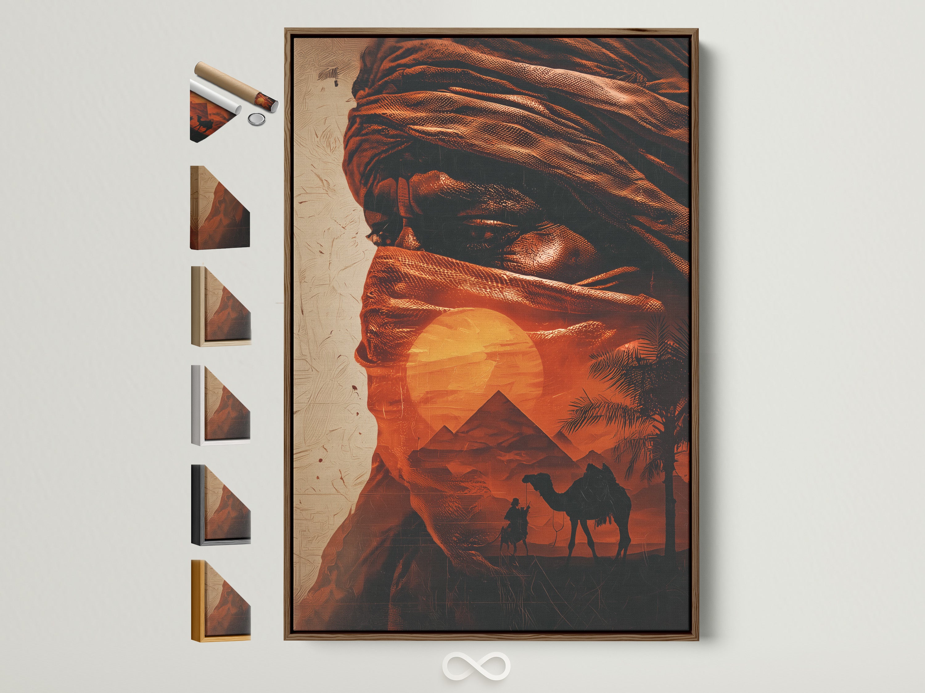A captivating desert Bedouin artwork is framed in a warm brown tone. All available frame options are displayed alongside it. Perfect for adding a Southwestern touch to any room. This Middle Eastern wall art brings the beauty of the Sahara to your home or office. A camel caravan sunset poster creates a serene and global atmosphere.
