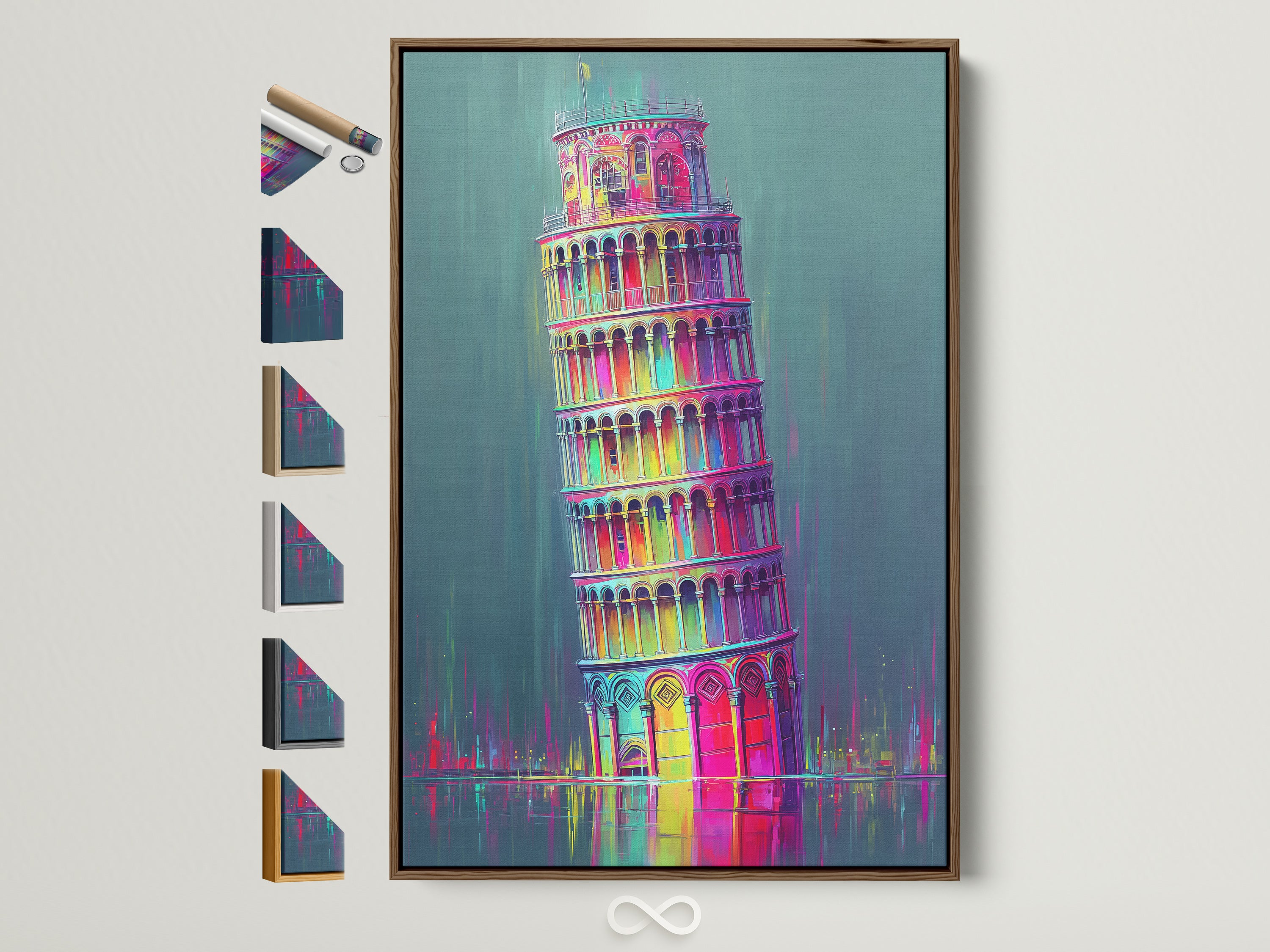 Explore frame options for Leaning Tower of Pisa artwork. See a brown frame alongside oak white black and gold choices. Find the perfect match for your colorful Italian artwork. Elevate your wall art today