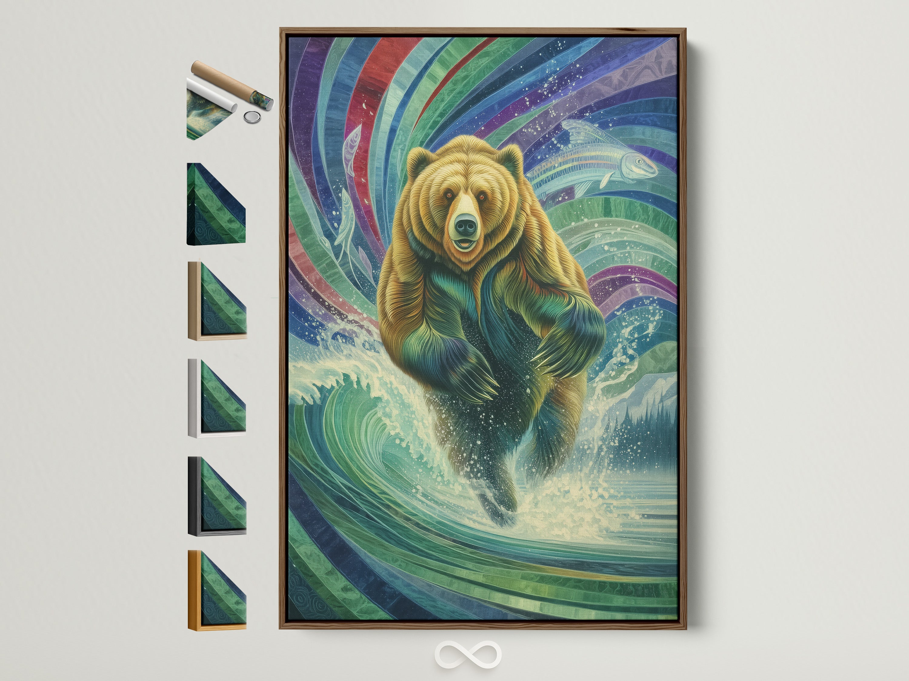 Mystical Grizzly Bear artwork in a brown frame. The artwork depicts a bear emerging from water with colorful wildlife elements. This lodge style art is perfect for living rooms bedrooms or cabins. See available frame options to customize your bear wall art.