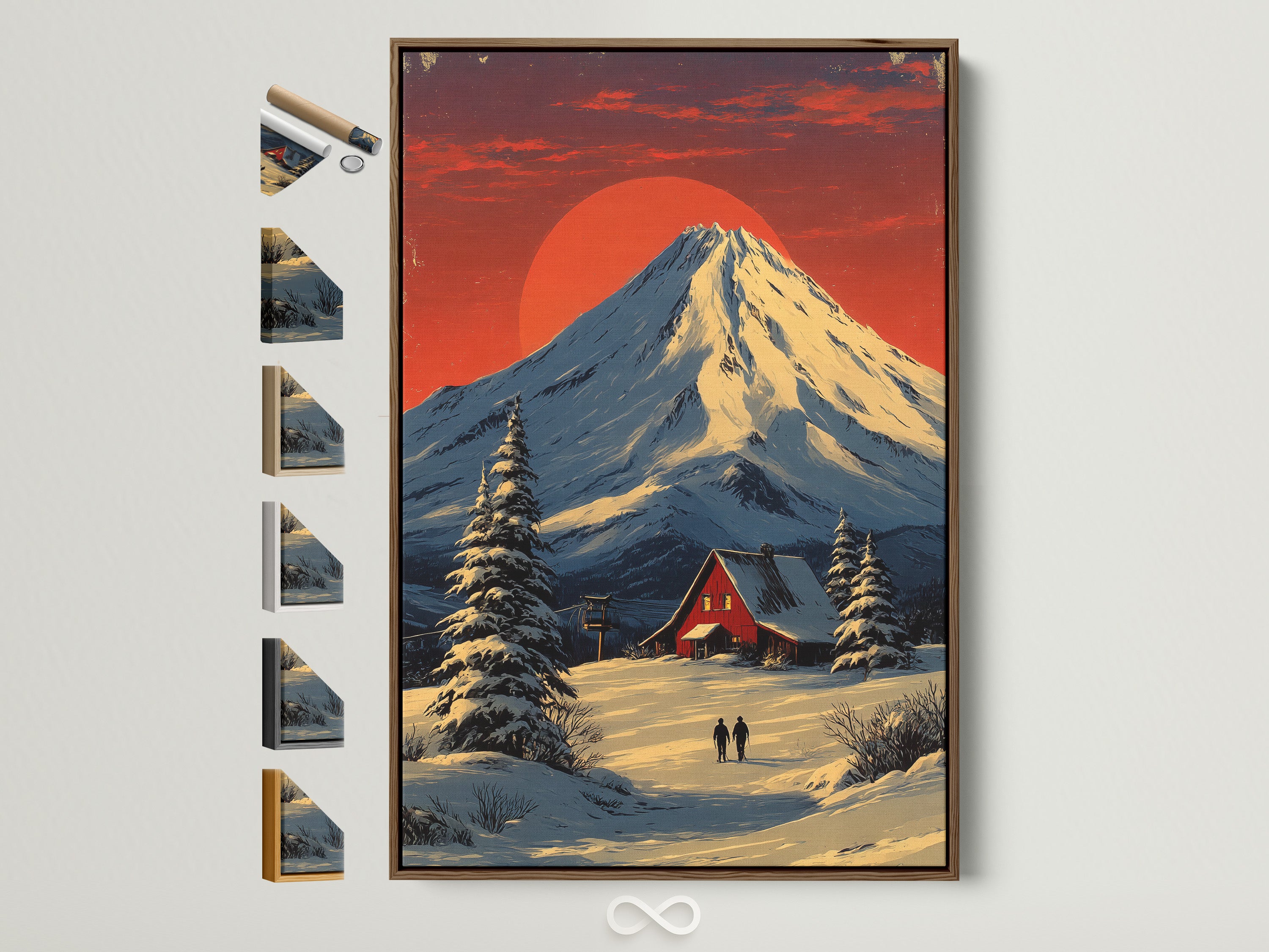 Winter mountain landscape artwork with a snowy cabin wall art is displayed in a brown frame. The frame options are on the side. Perfect rustic home decor. The primary color is red and secondary color is white.
