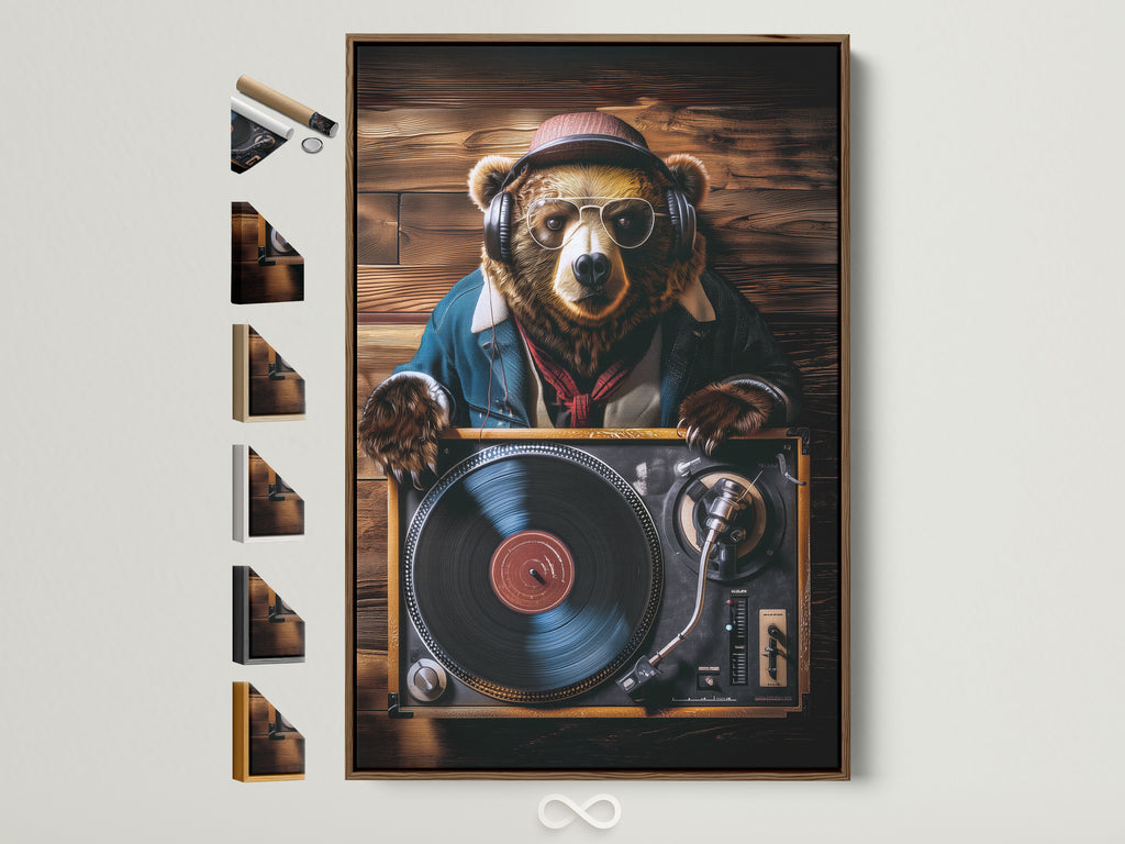 A brown frame showcases a bear DJ art print. This artwork features a bear wearing headphones and sunglasses. The bear is set against a wooden background. All frame options are displayed on the side. Add a touch of musical charm to your space with this unique piece. 