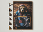 A brown frame showcases a bear DJ art print. This artwork features a bear wearing headphones and sunglasses. The bear is set against a wooden background. All frame options are displayed on the side. Add a touch of musical charm to your space with this unique piece. 