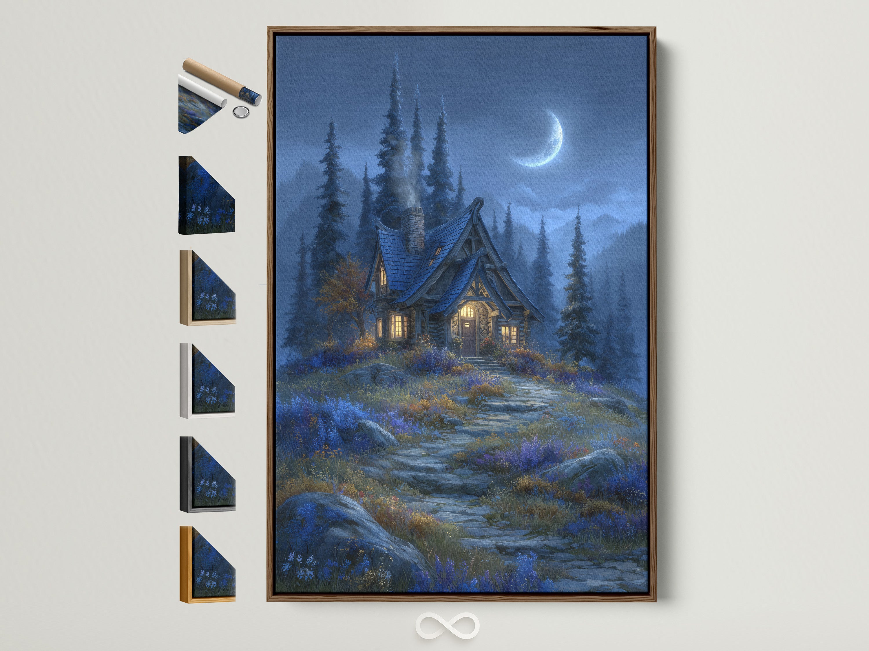 Explore framed Moonlit Cottage artwork. The brown frame showcases available frame options. Discover fantasy forest wall art. Get enchanted cabin artwork for your bedroom wall decor. It complements rustic farmhouse styles.