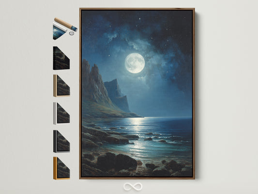A captivating moonlit seascape artwork is displayed in a brown frame. The artwork showcases a rocky coastline under a full moon and starry sky. This framed piece is perfect for adding a touch of serene beauty to any space. Frame options are displayed on the side. It adds a natural touch to the overall aesthetic.