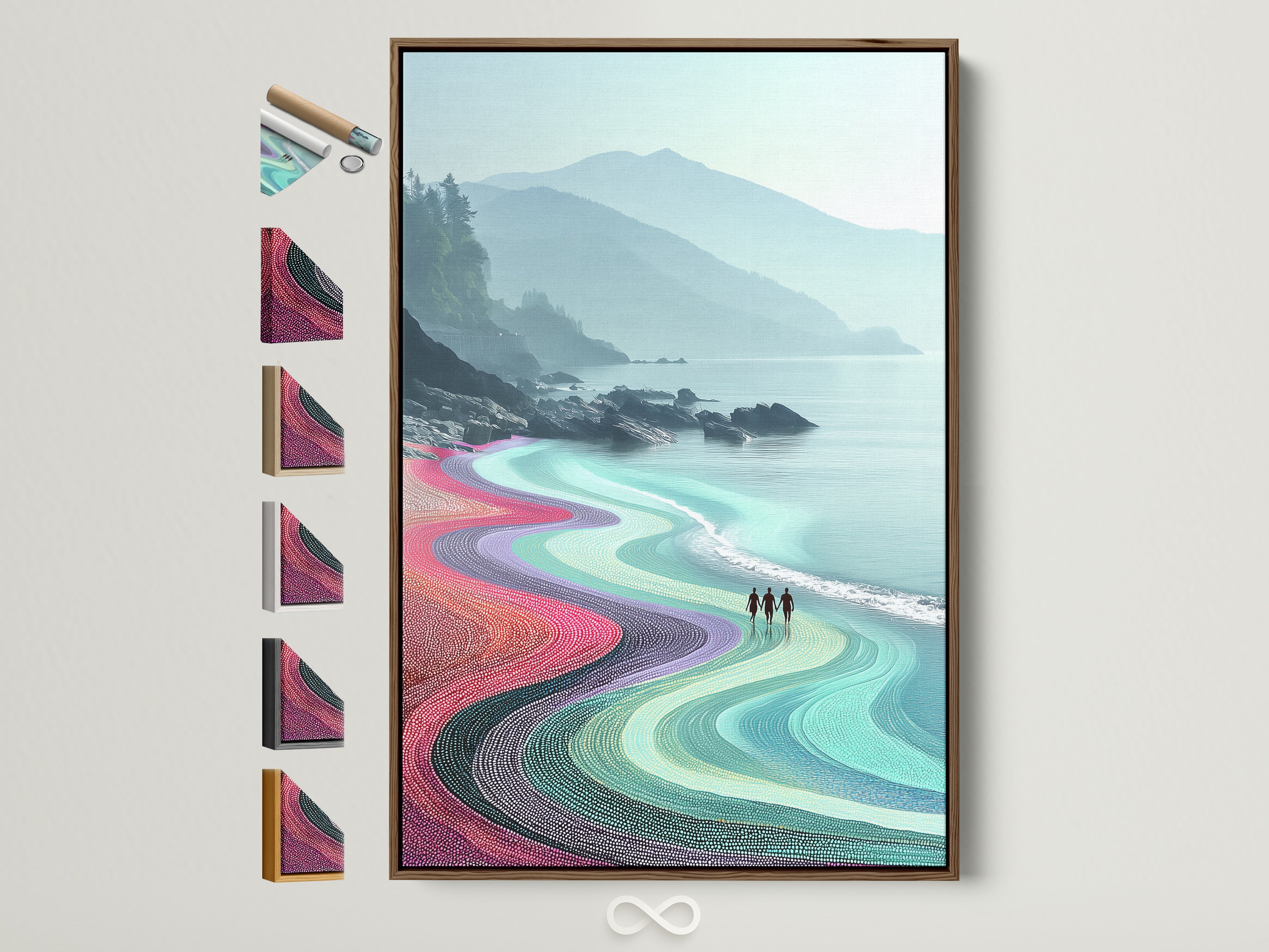 Coastal landscape artwork with a turquoise ocean in a brown frame. The artwork features a modern seascape poster. The frame has various frame options displayed on the side. Perfect wall decor for a bedroom with coastal or Scandinavian style.