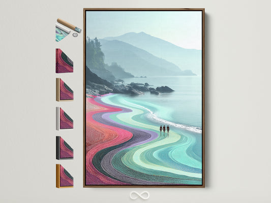 Coastal landscape artwork with a turquoise ocean in a brown frame. The artwork features a modern seascape poster. The frame has various frame options displayed on the side. Perfect wall decor for a bedroom with coastal or Scandinavian style.