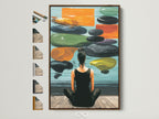 Zen Wall Art in a brown frame is displayed with various frame options. This artwork features a woman meditating. The artwork creates a peaceful atmosphere. Discover art for yoga studios meditation rooms and wellness centers.