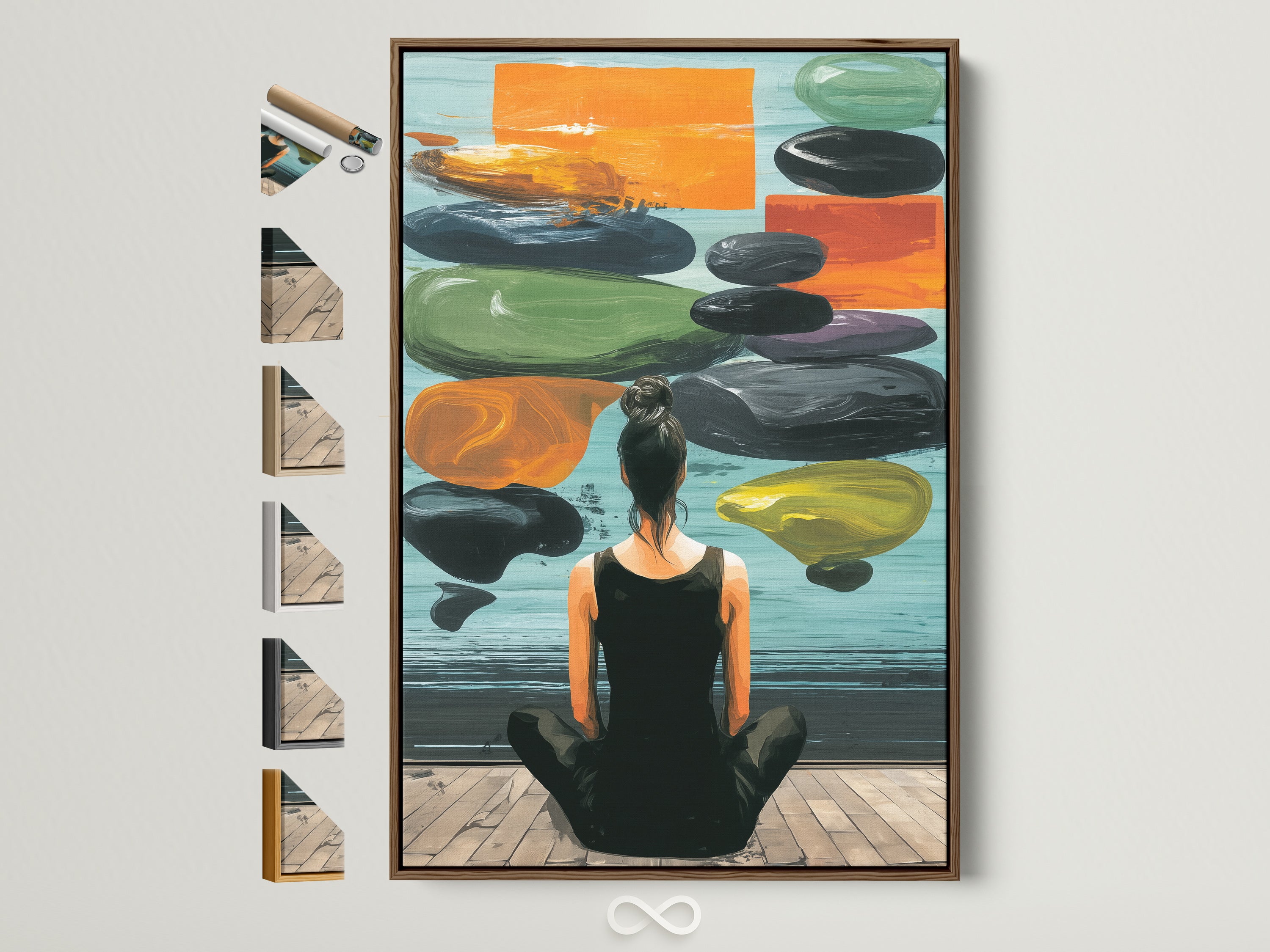 Zen Wall Art in a brown frame is displayed with various frame options. This artwork features a woman meditating. The artwork creates a peaceful atmosphere. Discover art for yoga studios meditation rooms and wellness centers.
