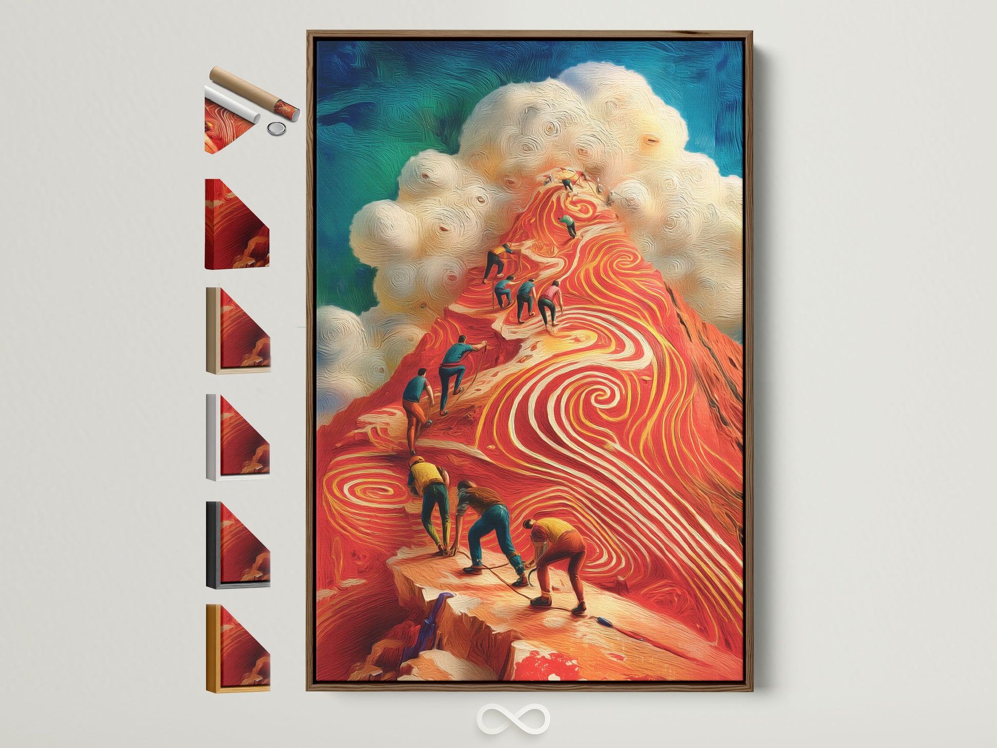 Explore frame options for the Mountain Climbers artwork. The brown frame is displayed alongside other frame styles. Perfect for adding a touch of adventure to your office decor. See available styles like stretched canvas fine art poster and floating frame. Shop now for motivational art.