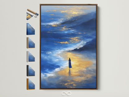 A blue and gold abstract seascape print is displayed in a brown frame. The artwork shows a solitary figure on a reflective beach. Frame options are visible beside the framed art. This coastal wall decor adds a tranquil touch to any space.