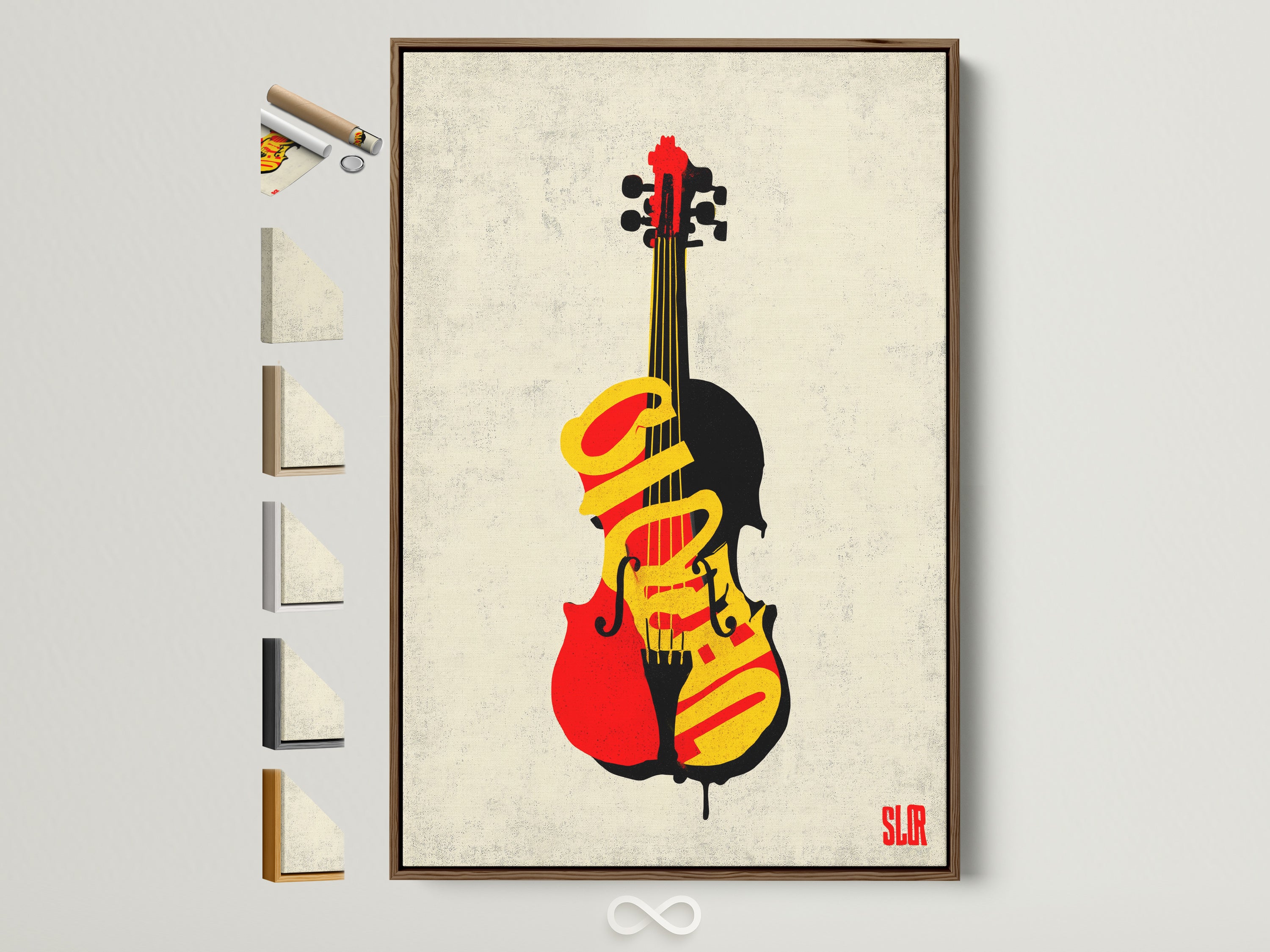 Explore framed music artwork. A brown frame showcases a vibrant violin graffiti canvas print. See frame options displayed beside the artwork. Perfect modern art for music lovers and studio decor.