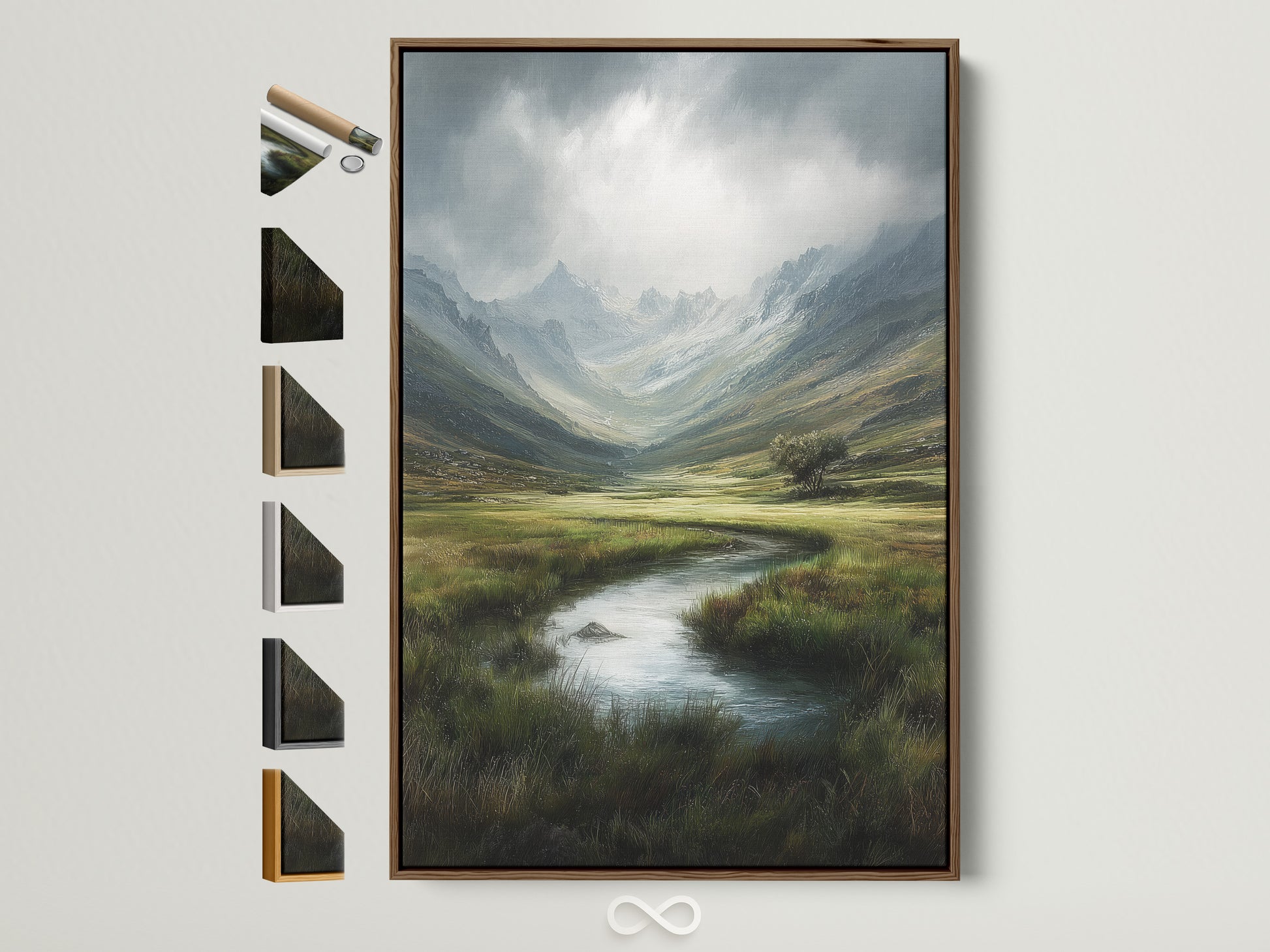 Artwork with a brown frame is displayed alongside other frame options. This shows available choices for framing your artwork. It allows customers to visualize different frame styles. See how each frame enhances the artwork's aesthetic. Perfect for making informed decisions about framing artwork.