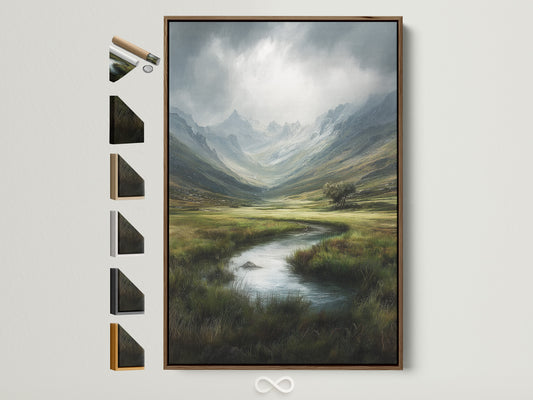 Artwork with a brown frame is displayed alongside other frame options. This shows available choices for framing your artwork. It allows customers to visualize different frame styles. See how each frame enhances the artwork's aesthetic. Perfect for making informed decisions about framing artwork.