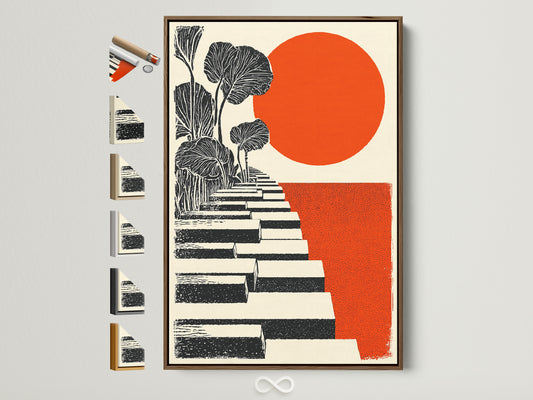 Botanical Stairs artwork in a brown frame is displayed on a white wall. This frame is versatile. It showcases all available frame options on the side. The artwork features burnt orange and geometric elements. It is ideal for modern decor.