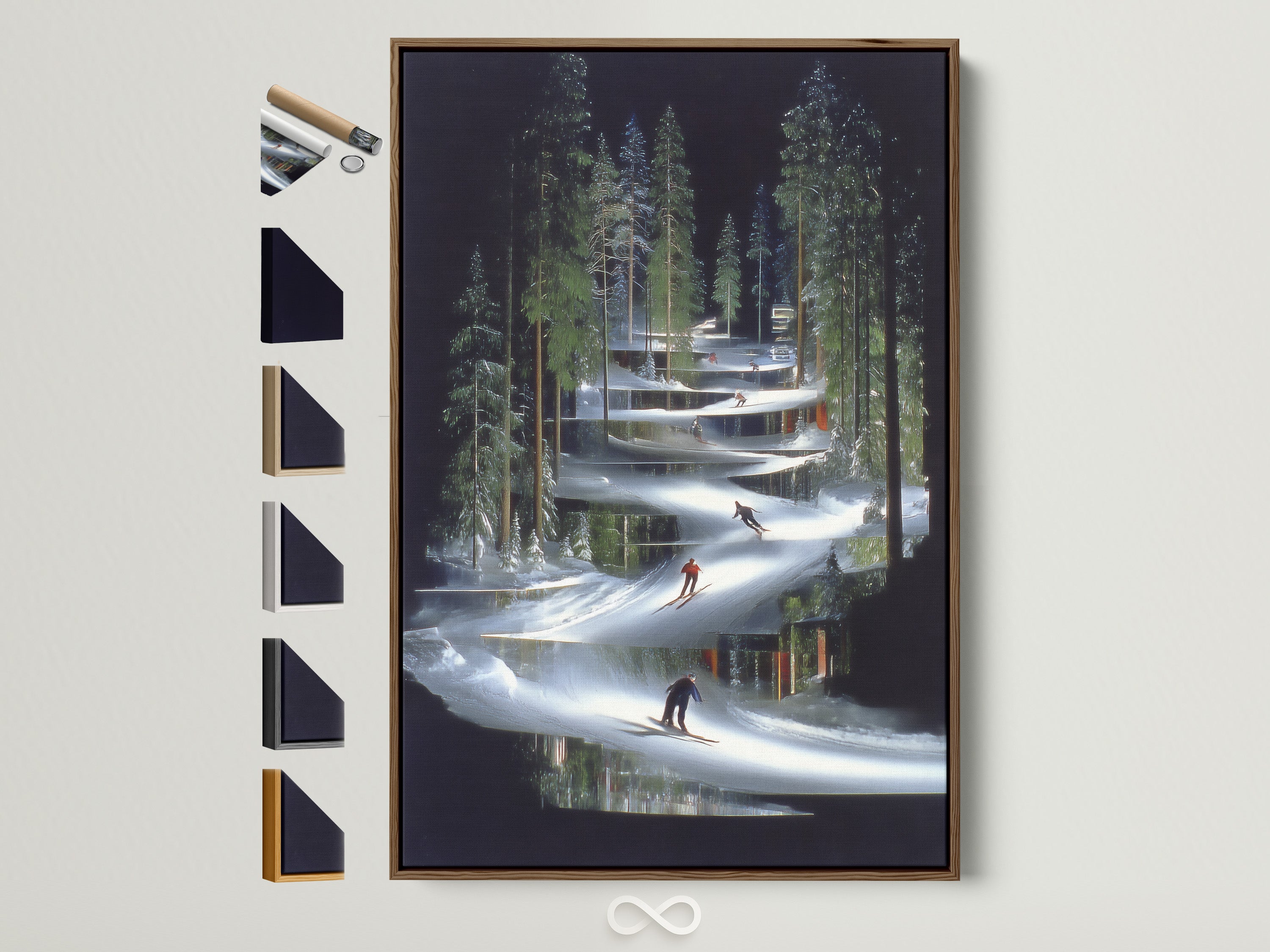 Modern ski resort artwork framed in brown. Explore all frame options for this alpine forest wall art. Find the perfect contemporary winter sports decor for your space. Elevate your home with stylish and unique art.