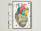 A brown frame displays a whimsical anatomical heart art print. The artwork features colorful city houses within the heart shape. Frame options are visible on the side. This contemporary piece adds a unique touch to any space. Perfect for medical professionals or art enthusiasts.