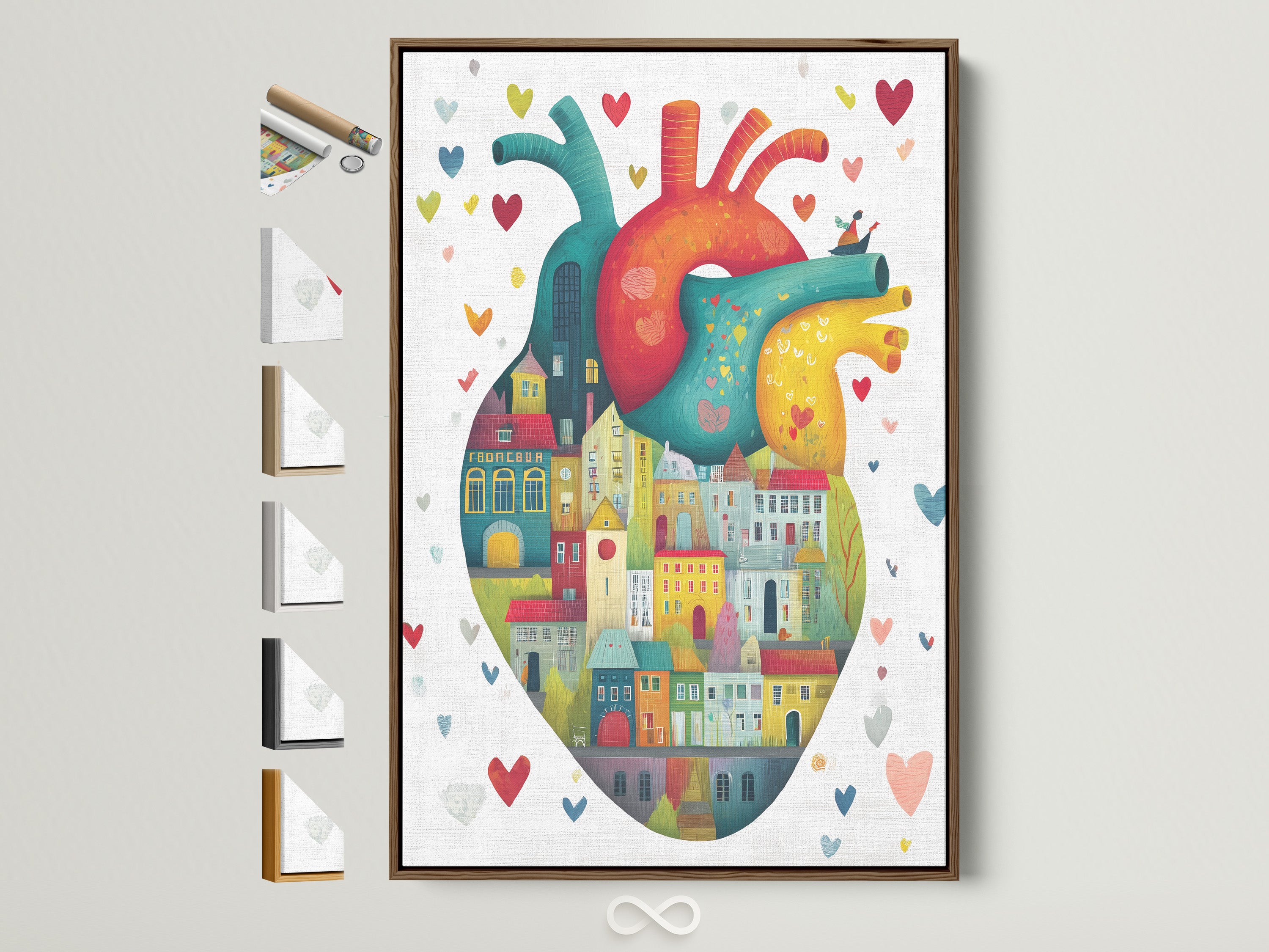 A brown frame displays a whimsical anatomical heart art print. The artwork features colorful city houses within the heart shape. Frame options are visible on the side. This contemporary piece adds a unique touch to any space. Perfect for medical professionals or art enthusiasts.