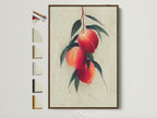 Explore framing options with this brown frame showcasing a peach fruit botanical wall art. See the full array of frame styles available. It is perfect for modern kitchen decor and farmhouse style artwork. Enhance your living space with our versatile art prints.