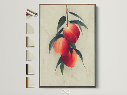 Explore framing options with this brown frame showcasing a peach fruit botanical wall art. See the full array of frame styles available. It is perfect for modern kitchen decor and farmhouse style artwork. Enhance your living space with our versatile art prints.