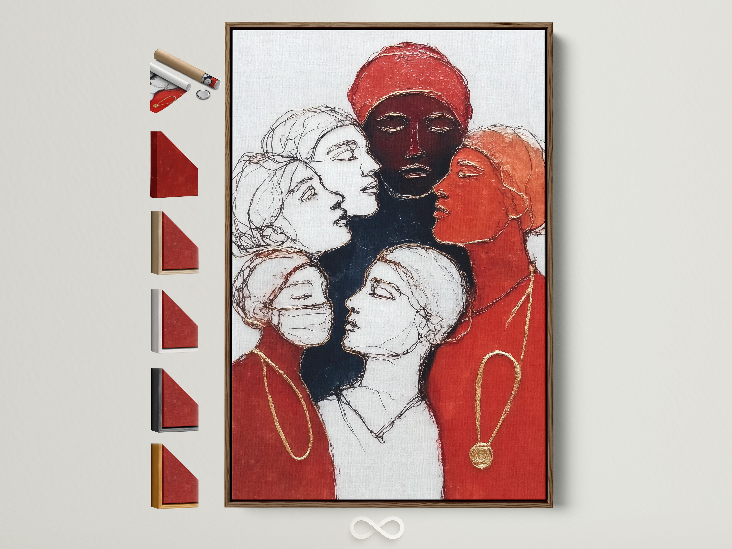 Brown frame displays women empowerment art. Diverse female portraits are featured in red contemporary colors. This canvas print makes excellent office decor. The artwork adds a modern touch to any space. Frame options are visible on the side.