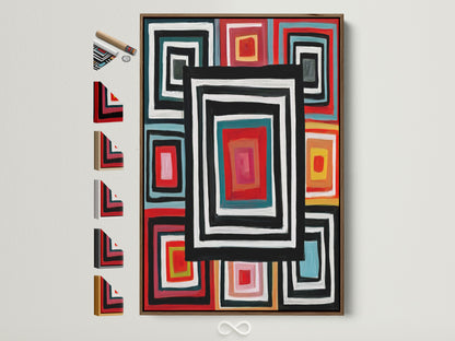 Geometric Squares canvas print with a brown frame. See all frame options available. This retro colorful wall artwork adds a modern abstract touch to any home decor. The bold graphic print makes it a vibrant addition. Perfect for any wall.