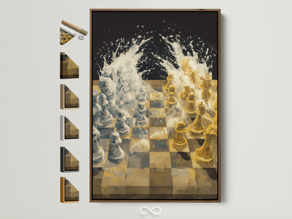 Elevate your space with this chess game canvas print. This abstract strategy wall art features a brown frame. All frame options are displayed on the side. A perfect piece of neutral color artwork for your office or game room.