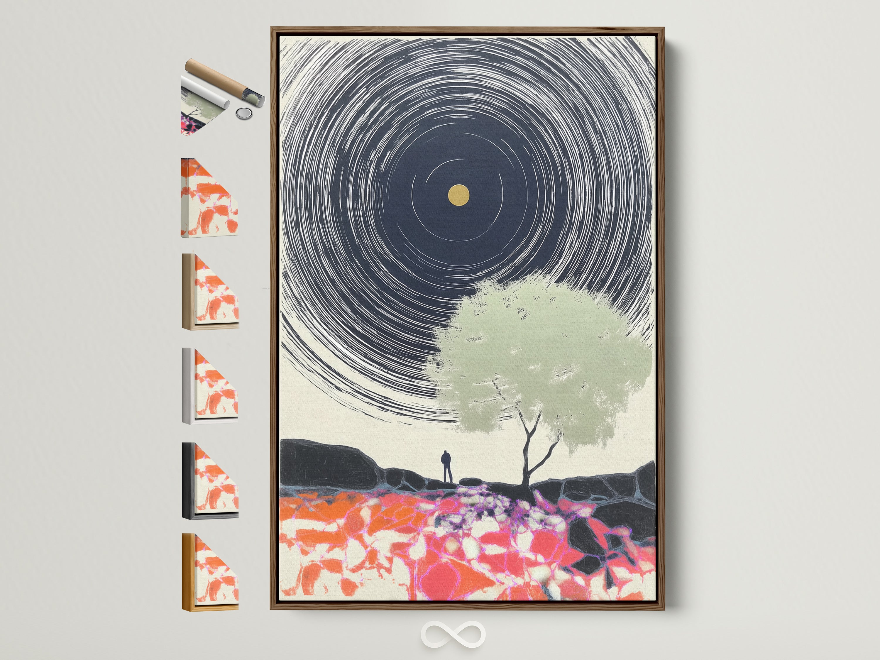 A selection of artwork frames are displayed in a brown wooden frame. View the various frame options to enhance your abstract landscape or surreal wall art. Find the perfect accent for your modern home decor today. All options are displayed on the side