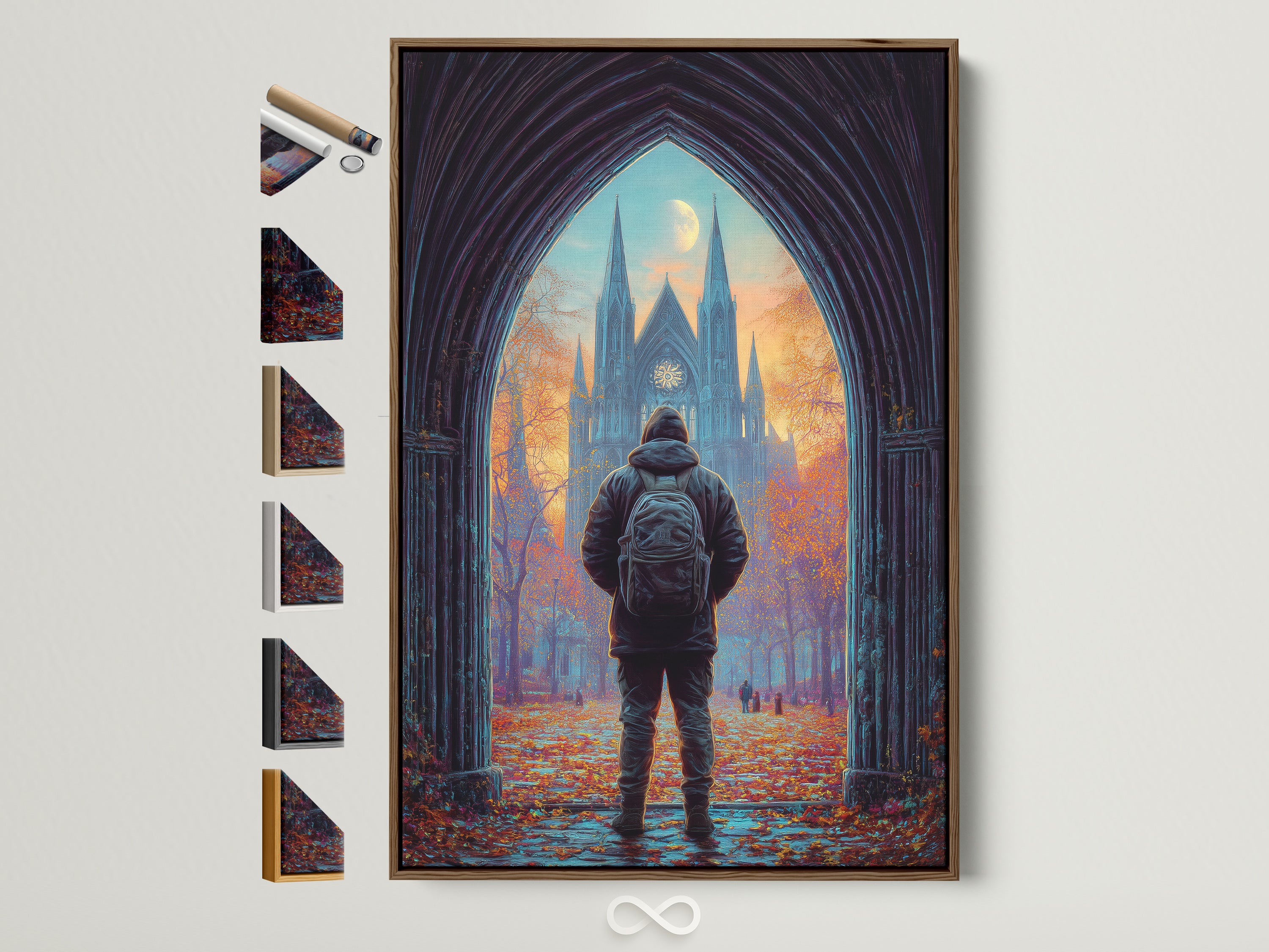 Explore framed artwork options. A brown frame displays a captivating cathedral print. See available frame styles on the side. Perfect for Gothic wall art enthusiasts. Add a moody autumn landscape to your space. Discover your ideal architecture art piece today.