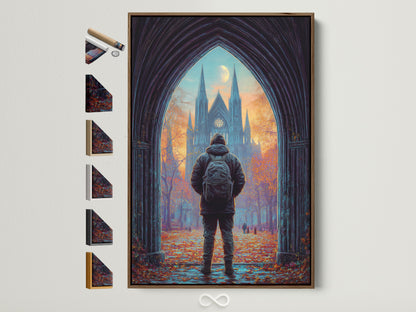 Explore framed artwork options. A brown frame displays a captivating cathedral print. See available frame styles on the side. Perfect for Gothic wall art enthusiasts. Add a moody autumn landscape to your space. Discover your ideal architecture art piece today.