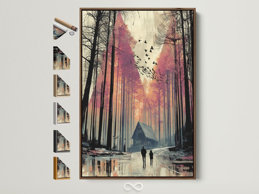 A framed forest cabin canvas print with a brown frame is displayed. Explore various frame options to complement this moody landscape artwork. Find the perfect frame to enhance your study room decor. Consider modern or rustic styles.